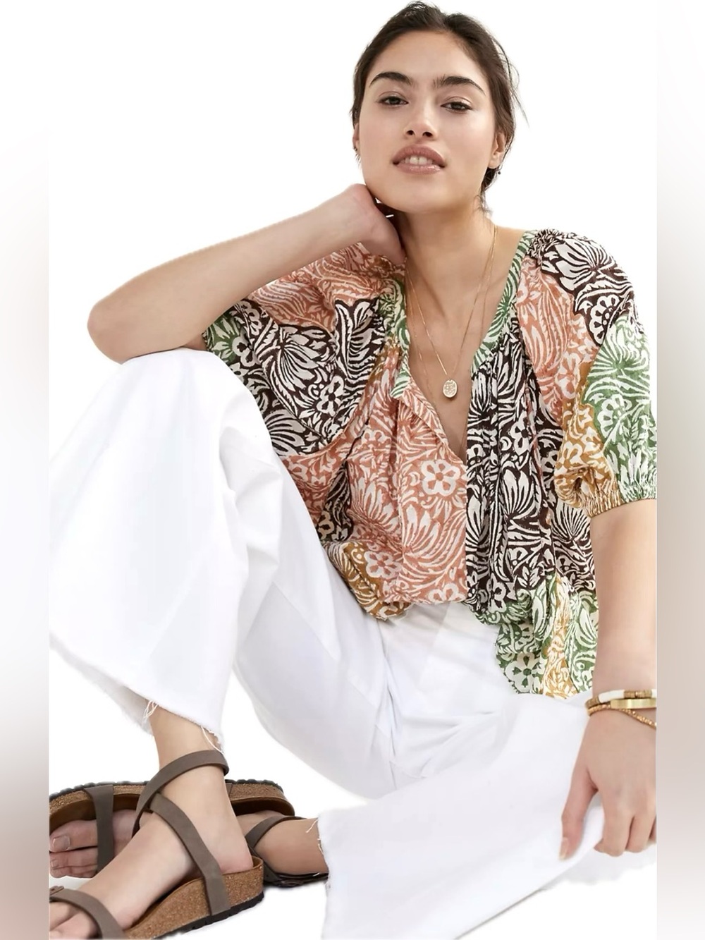 Roller Rabbit Anthropologie Boho Light Aegean Abstract V Neck Blouse Top M HTF